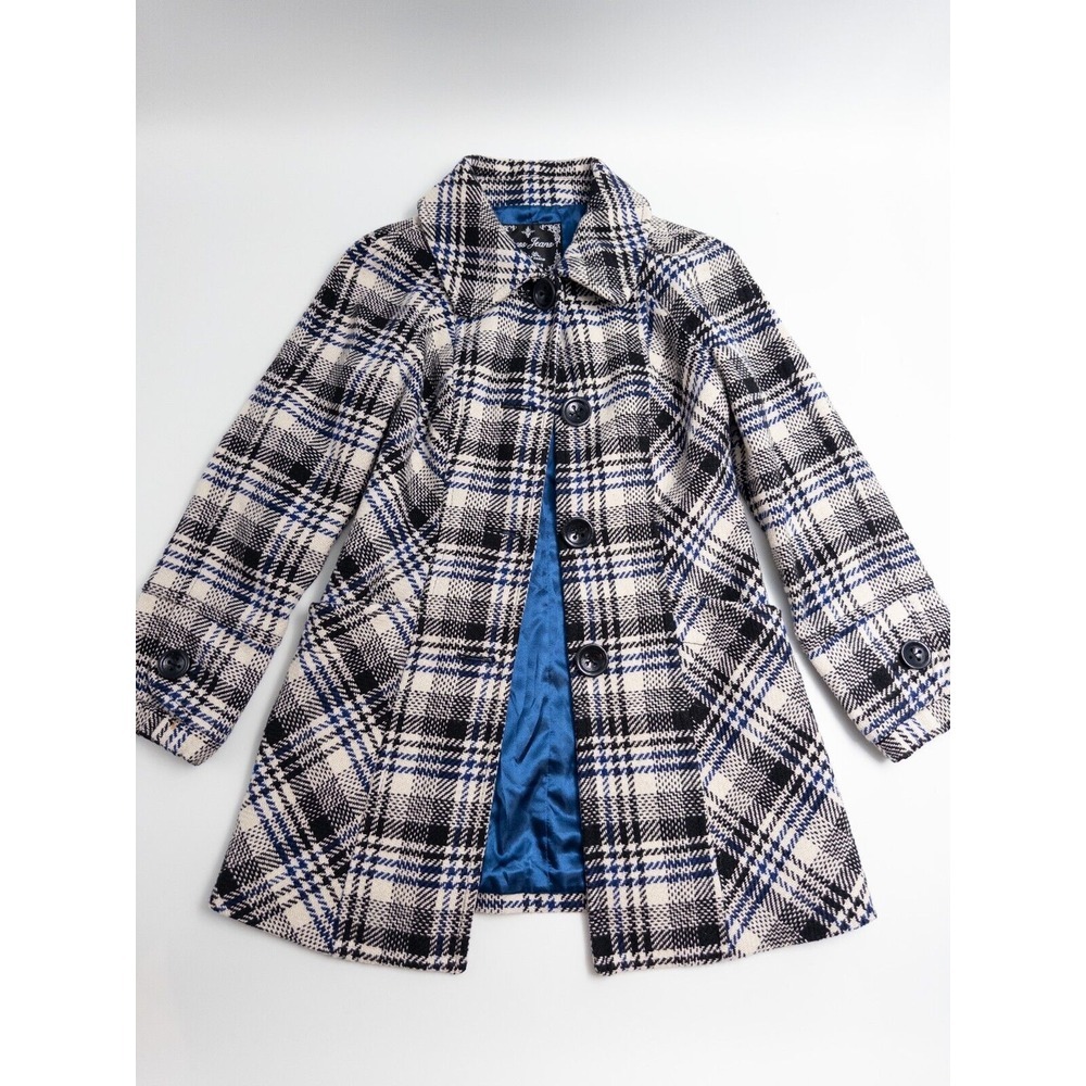 Guess‎ Jeans Coat Womens XS Plaid Black White Button Up Peacoat Wool Polyester